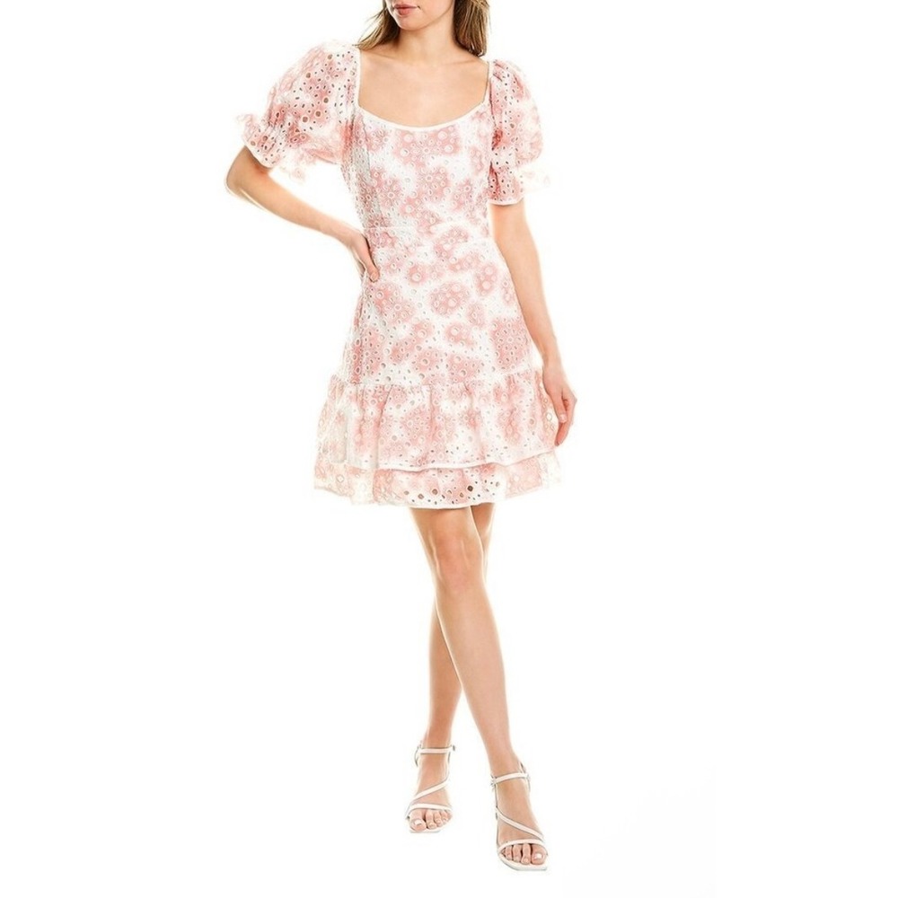 Stellah Pink Floral Eyelet Puff Sleeve Ruffle Tiered Mini Dress Size Medium